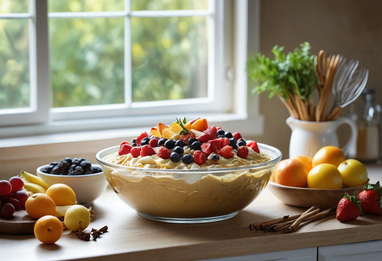 A beautifully arranged kitchen scene featuring an elegant mixing bowl filled with vibrant batter, surrounded by gourmet ingredients like vanilla pods, fresh fruits, and exotic spices. Display baking tools like whisks and spatulas artistically positioned, with a backdrop of a sunny window illuminating the space. A half-finished lavish pastry sits on the counter, showcasing the transformation from batter to masterpiece. The image conveys a sense of creativity and culinary art. super-realistic. vibrant colors. soft focus.