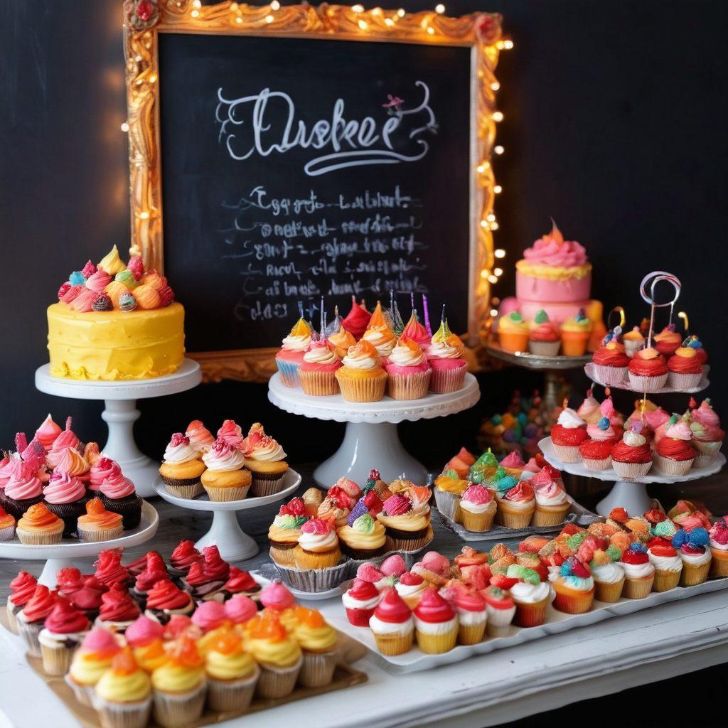 A dazzling dessert table overflowing with an array of colorful sweets, from vibrant cupcakes to intricate pastries, all beautifully arranged. Include a chalkboard with handwritten culinary hacks and tips nestled between the desserts. The atmosphere should feel festive and inviting, with soft fairy lights twinkling in the background. super-realistic. vibrant colors. warm lighting.